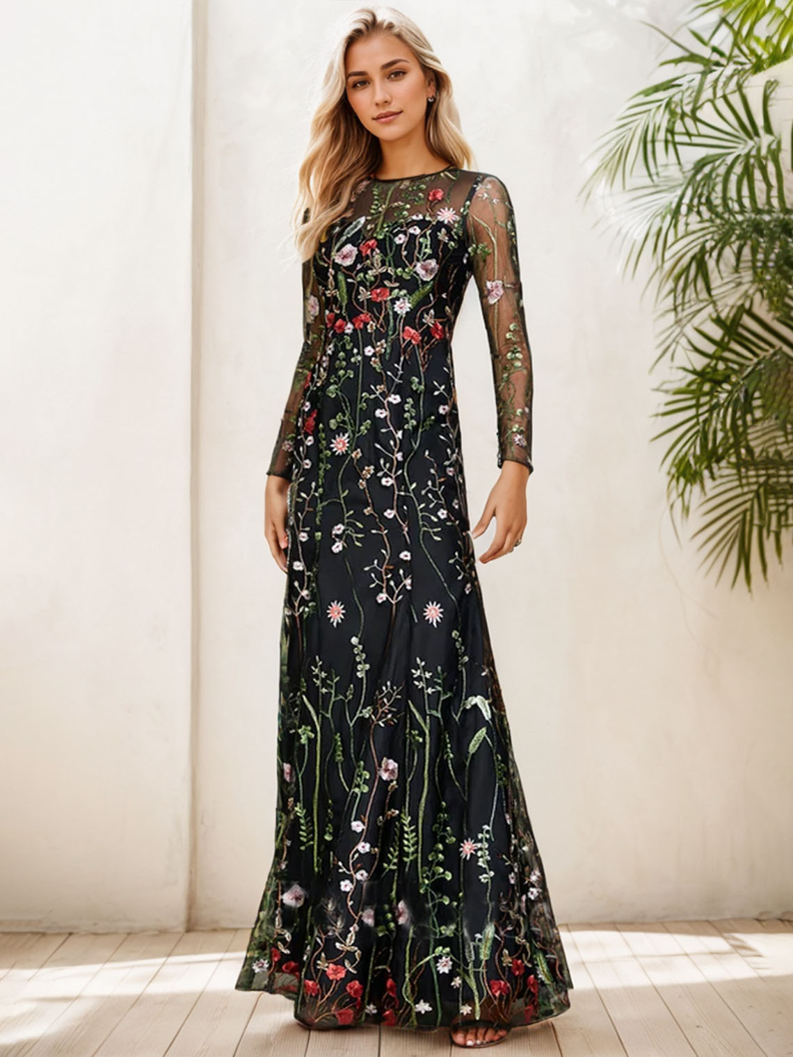 Black Sheath/Column Boat Neck Long Sleeve With Floral Evening Dress