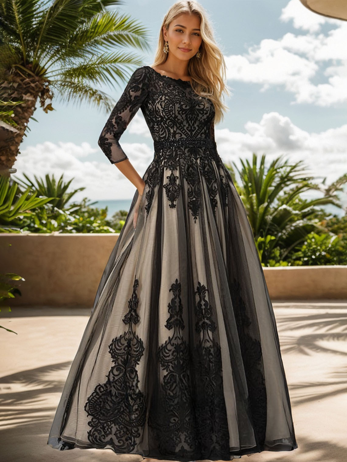 Black Tulle Ball-Gown/Princess Scoop Neck With Beading Prom Dress