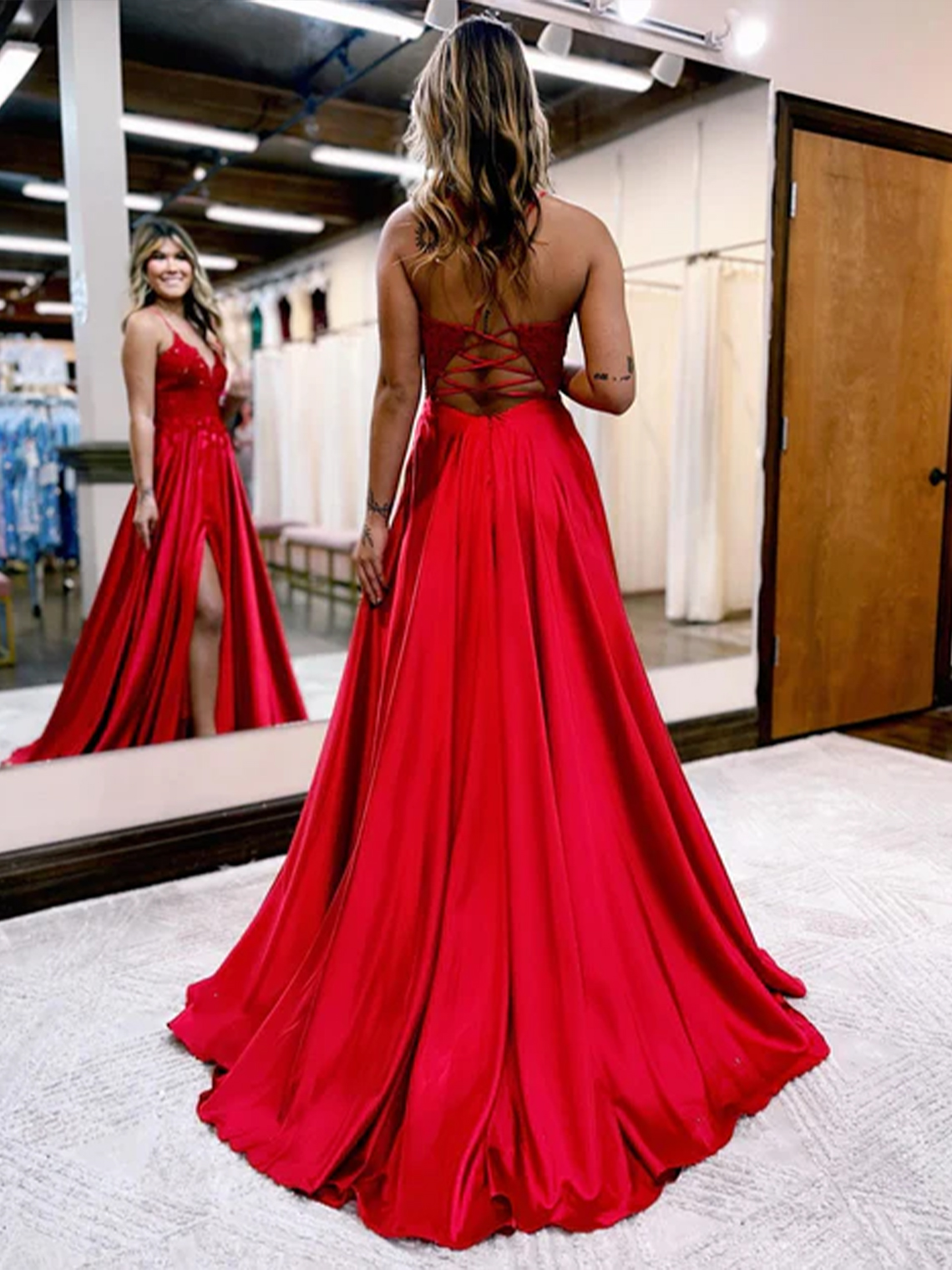 A-line Sexy V Neck Spaghetti Straps Satin With Split Prom Dress 