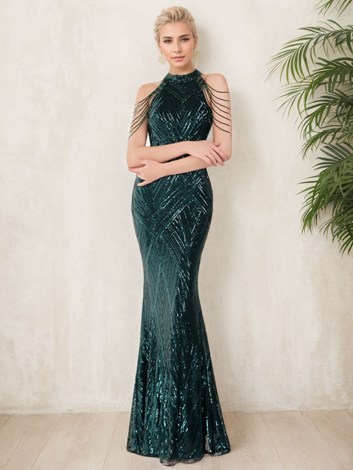 Mermaid Sequined Halter Neck Sleeveless Floor Length Prom Dress