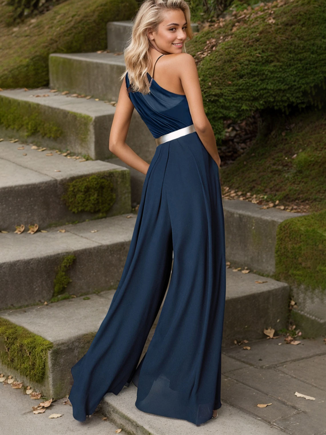 Dark Navy Chiffon Jumpsuits One Shoulder with Pocket Evening Dress
