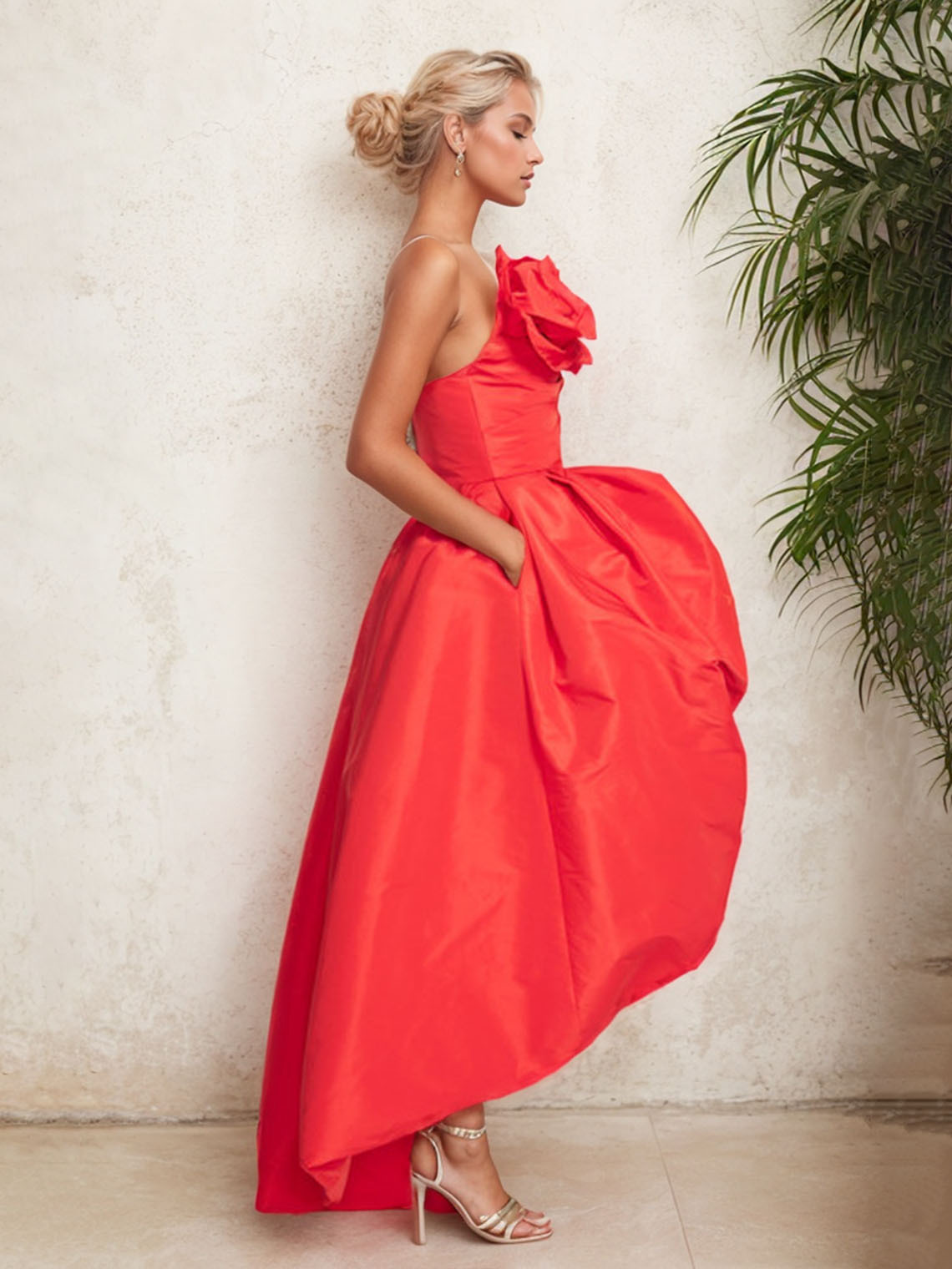 A Line Strapless Asymmetrical with Shouder Flower Party Dress