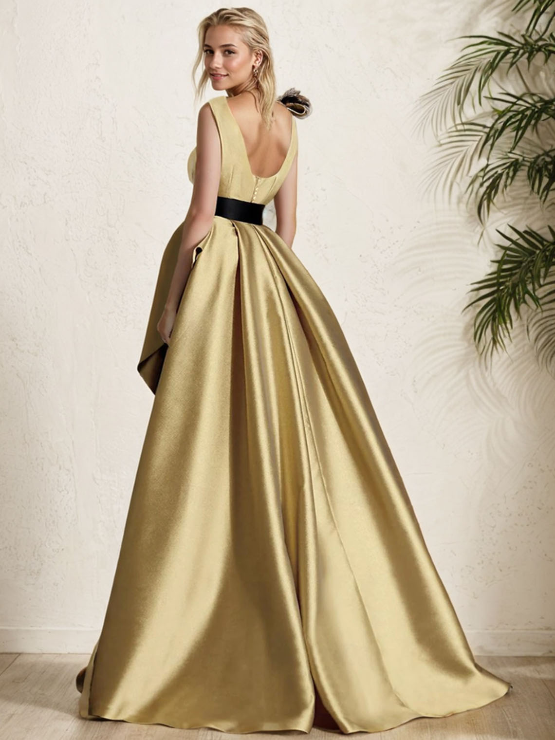Gold A Line Satin V Neck Floor Length with Bow(s) Appliques Prom Dress