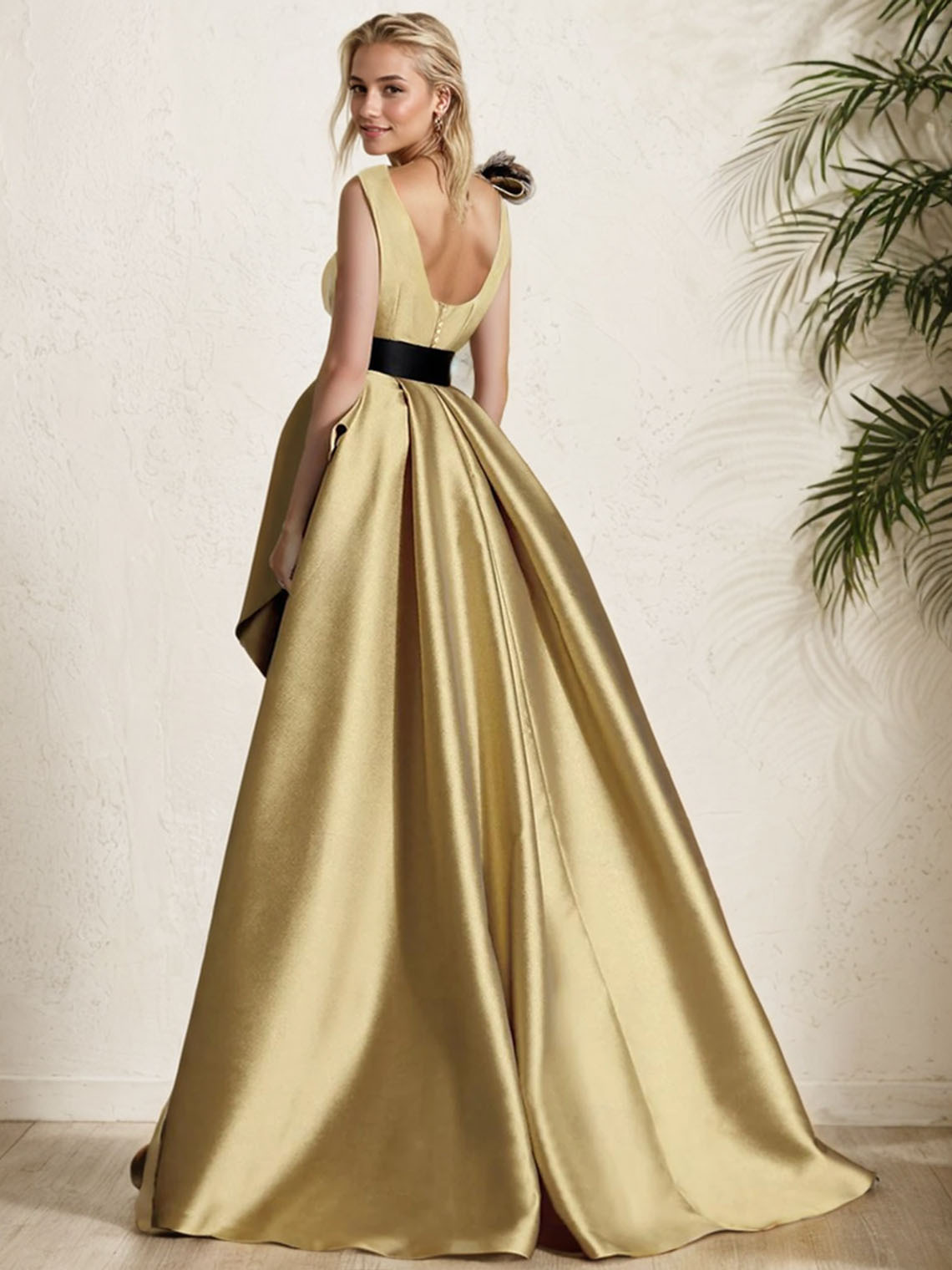 Gold A Line Satin V Neck Floor Length with Bow(s) Appliques Prom Dress