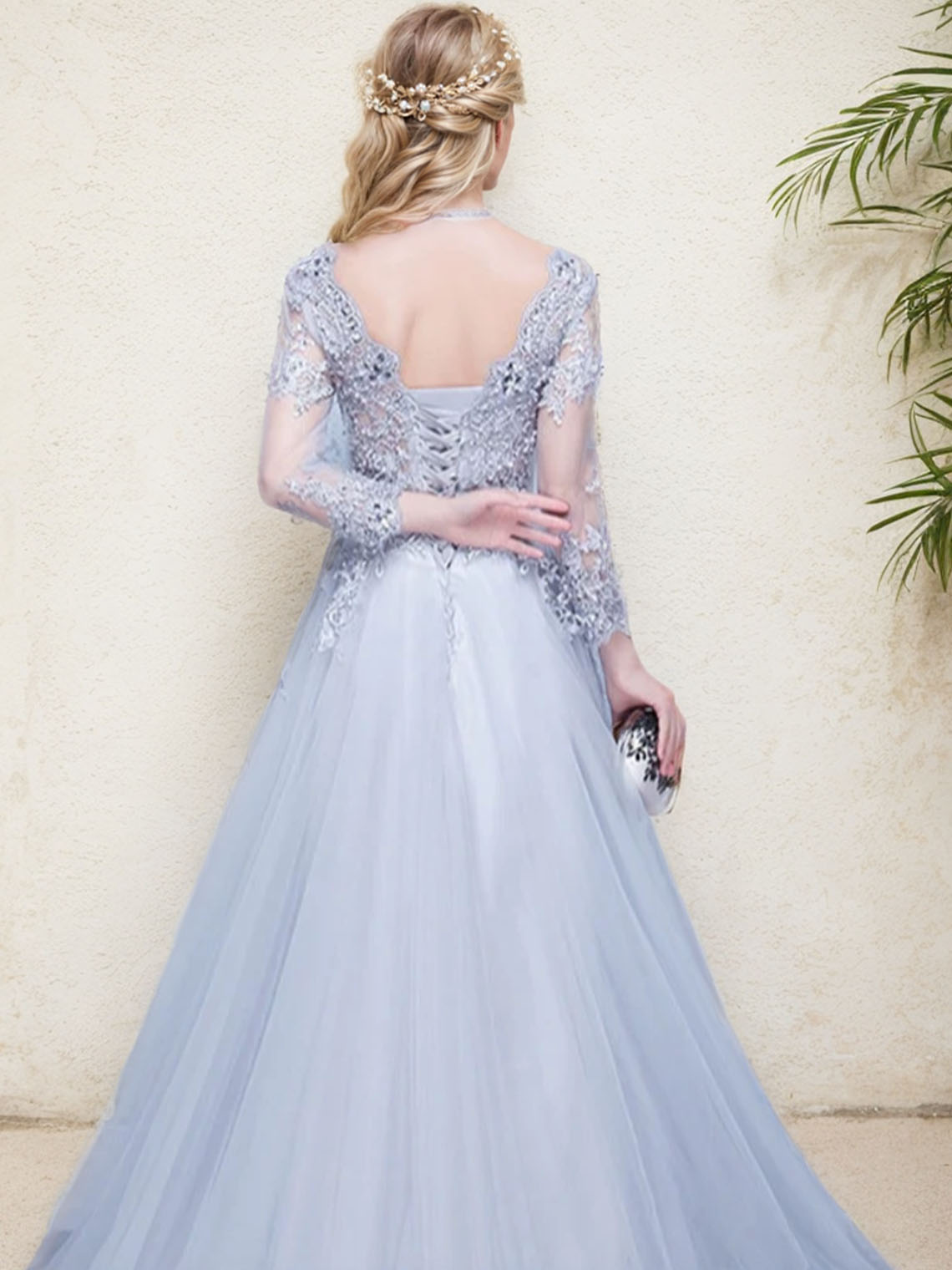 A-Line Tulle Illusion Neck Appliques with Beading Evening Dress