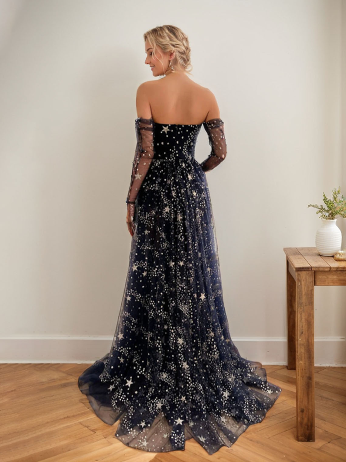 Sparkle A Line Tulle Strapless Long Sleeve with Sequin Slit Prom Dress