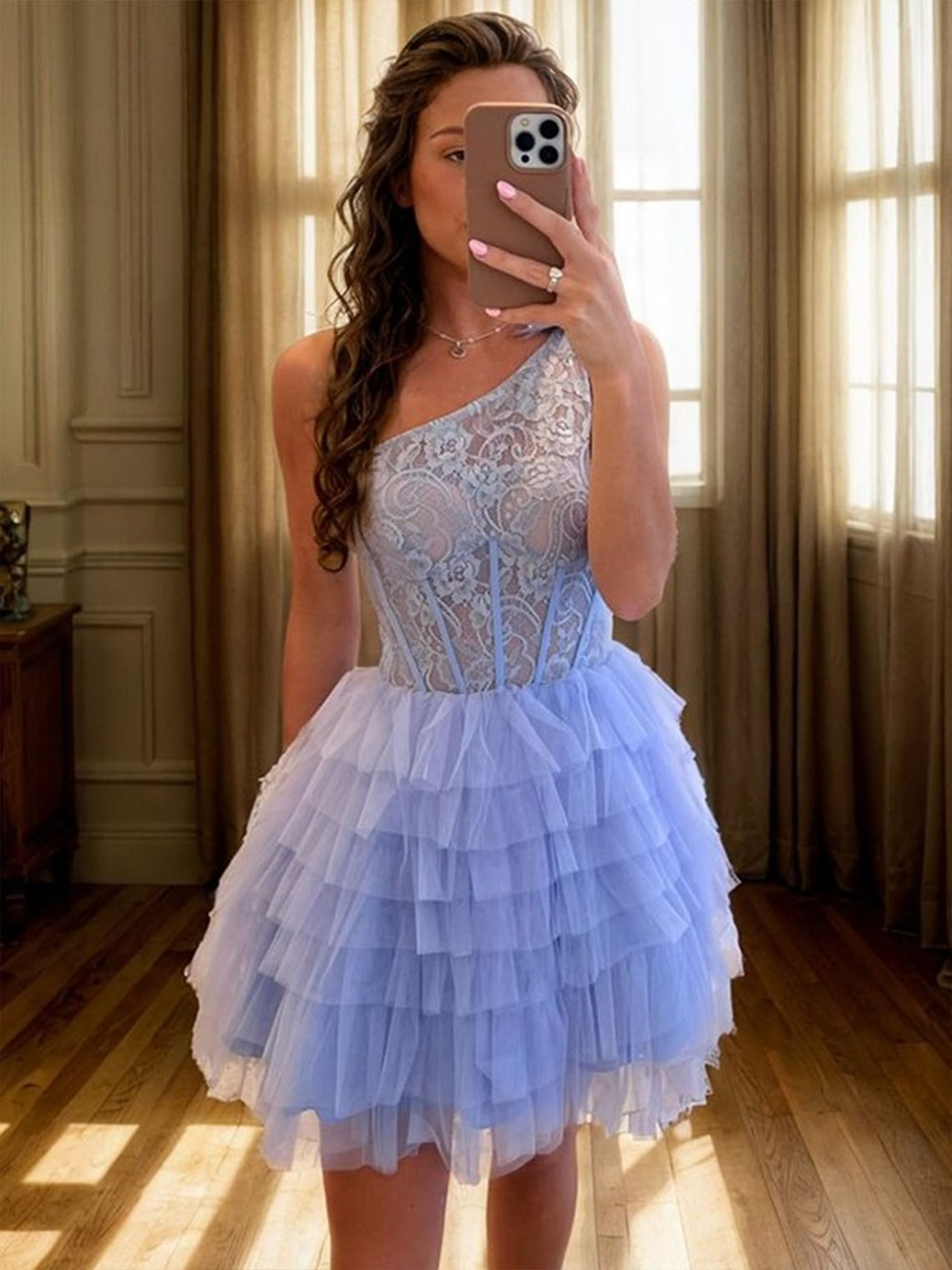Lavender A line One Shoulder With Ruffles Short/Mini Cocktail Dress