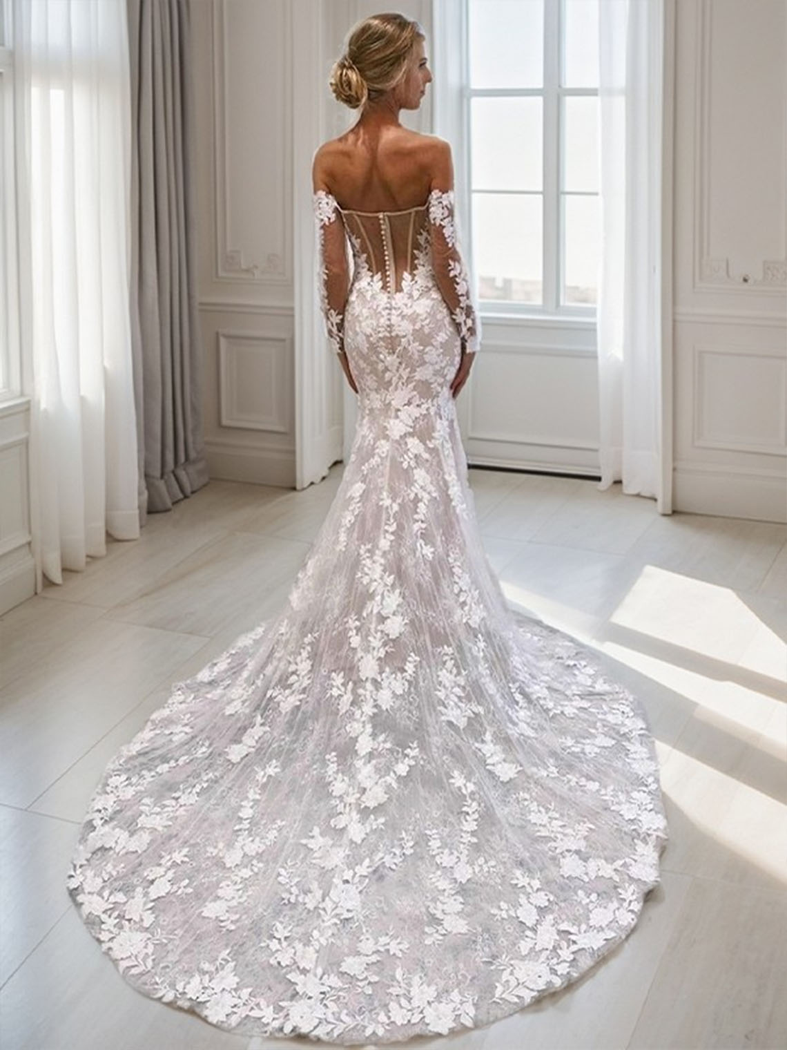 Sheath Off the Shoulder Lace With Appliques Ivory Wedding Dress