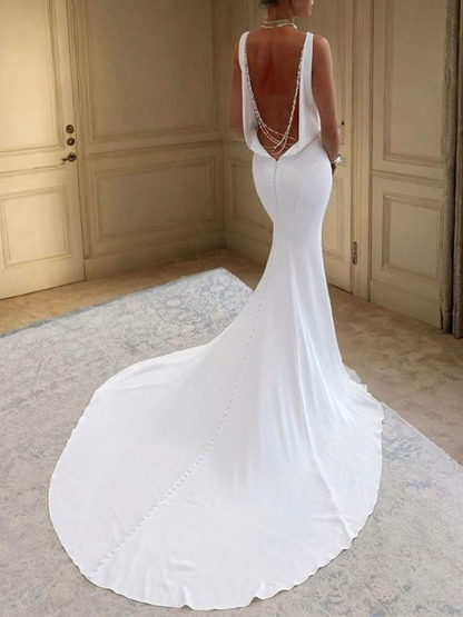 Dresses Mermaid Charmeuse V Neck Sleeveless Cathedral Train  Wedding Dresseseses