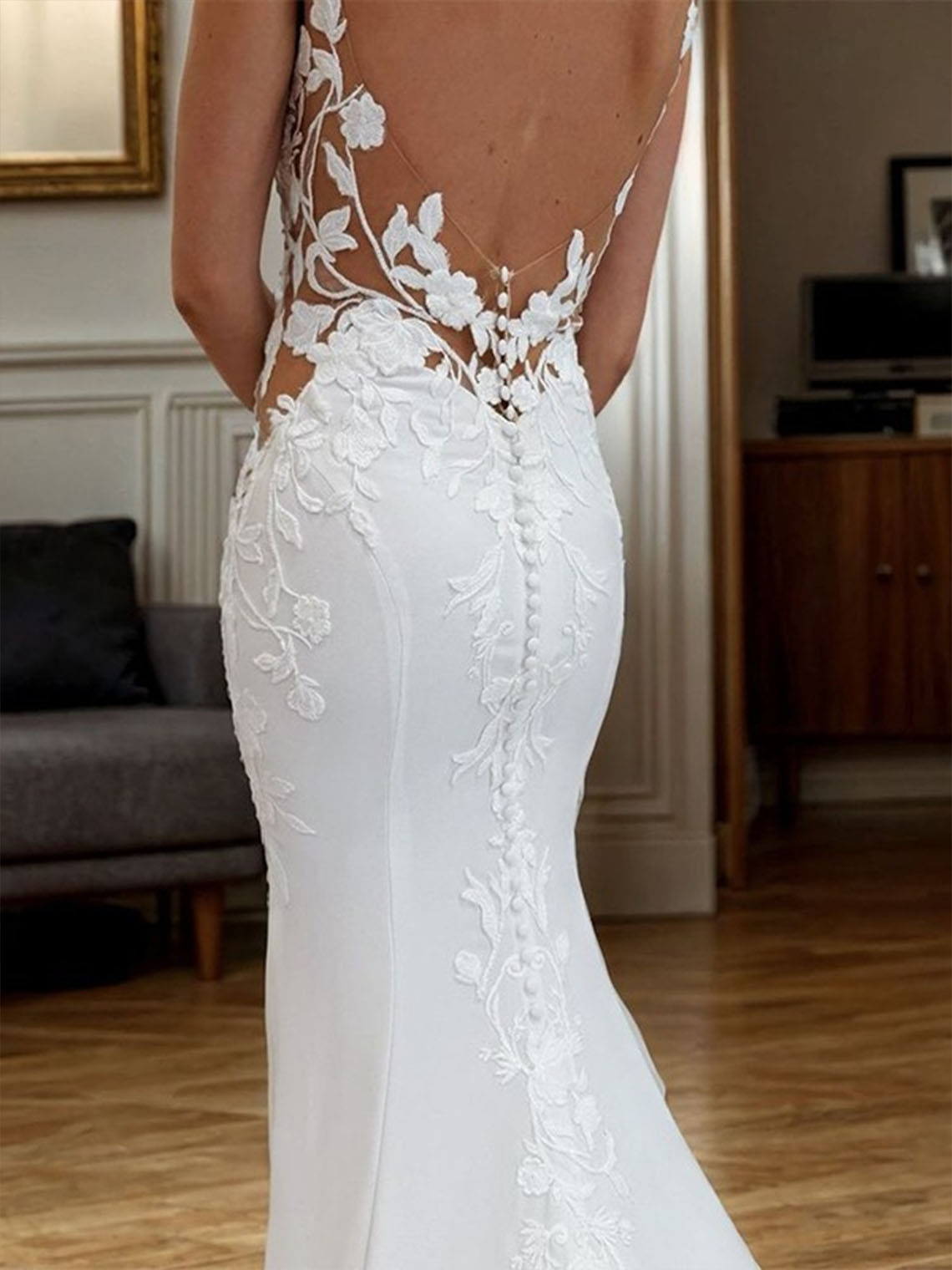 Mermaid Stretch Crepe V Neck Sleeveless With Appliques Wedding Dress