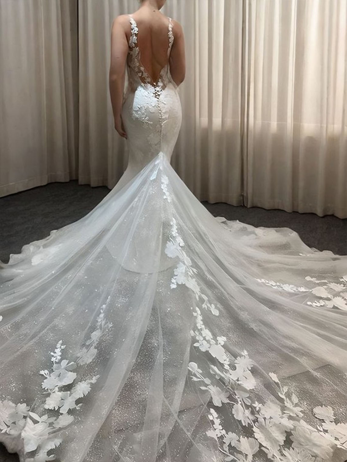 Sheath V Neck Sleeveless Cathedral Train With Appliques Wedding Dress