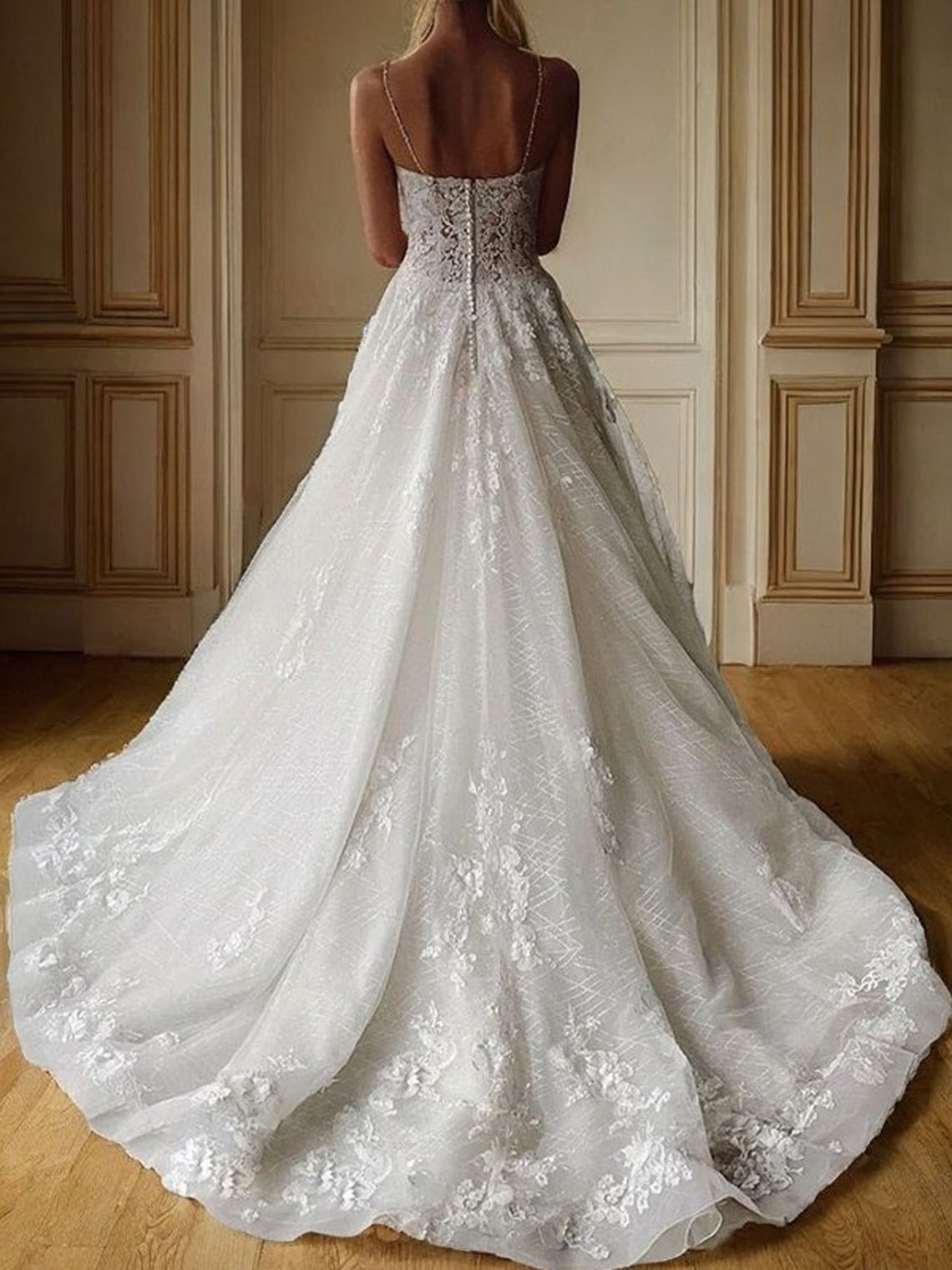 Elegant A line V Neck Tulle Court Train With Appliques Wedding Dress