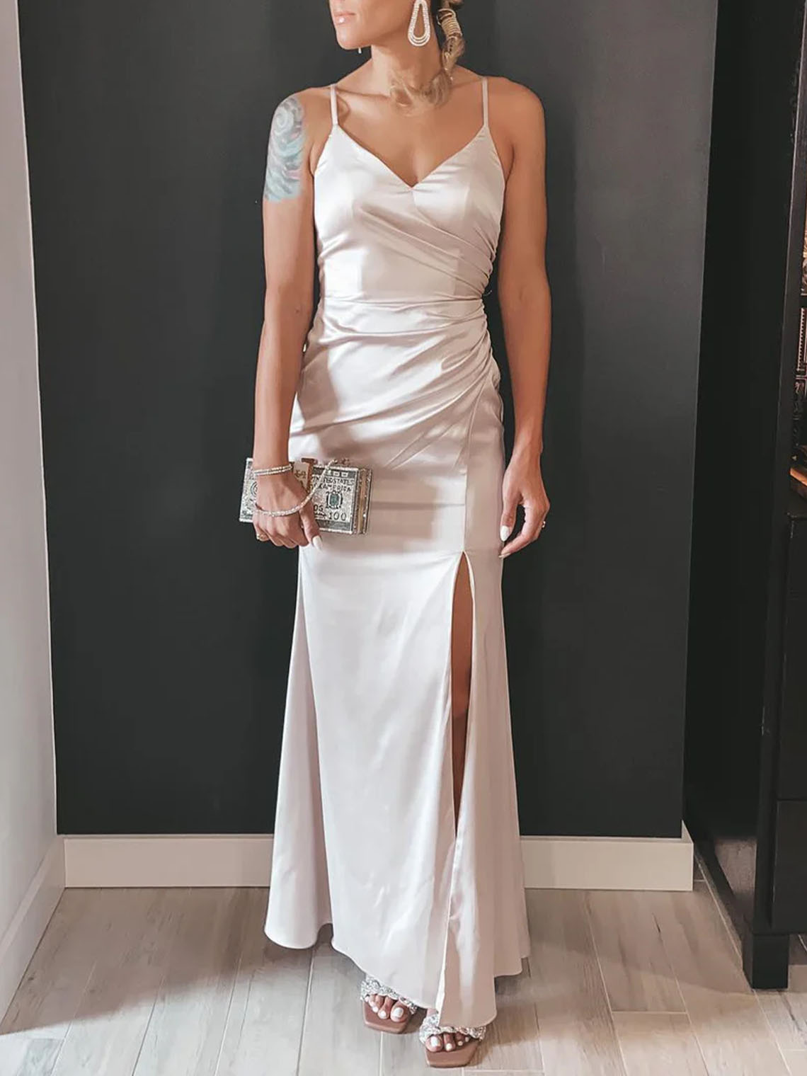 Mermaid Satin Beige Floor Length With Slit Bridesmaid Dress