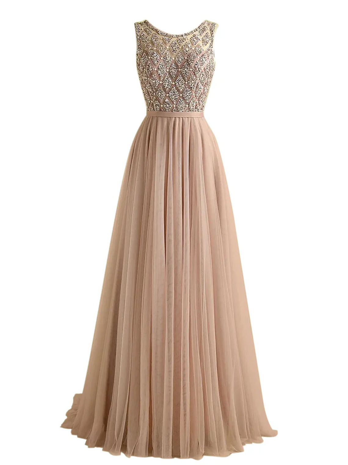 Sheath Tulle Bateau Neck Floor Length with Beaded Bridesmaid Dress
