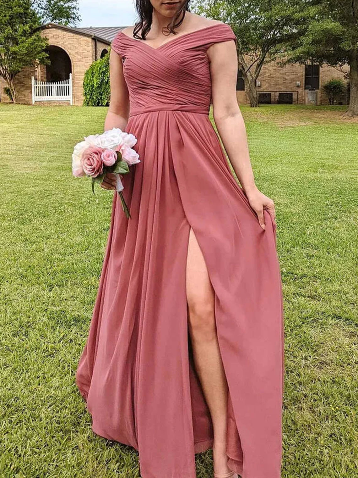 A Line Blush Chiffon Off the Shoulder With Slit Long Bridesmaid Dress