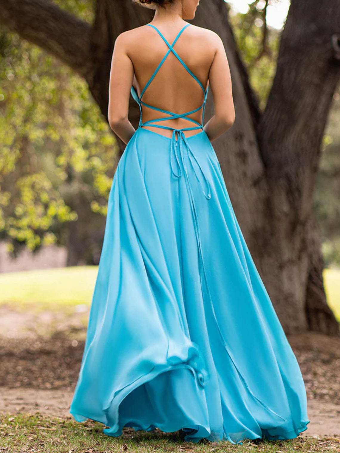 A Line spaghetti Floor Length Cutout open back Bridesmaid Dress
