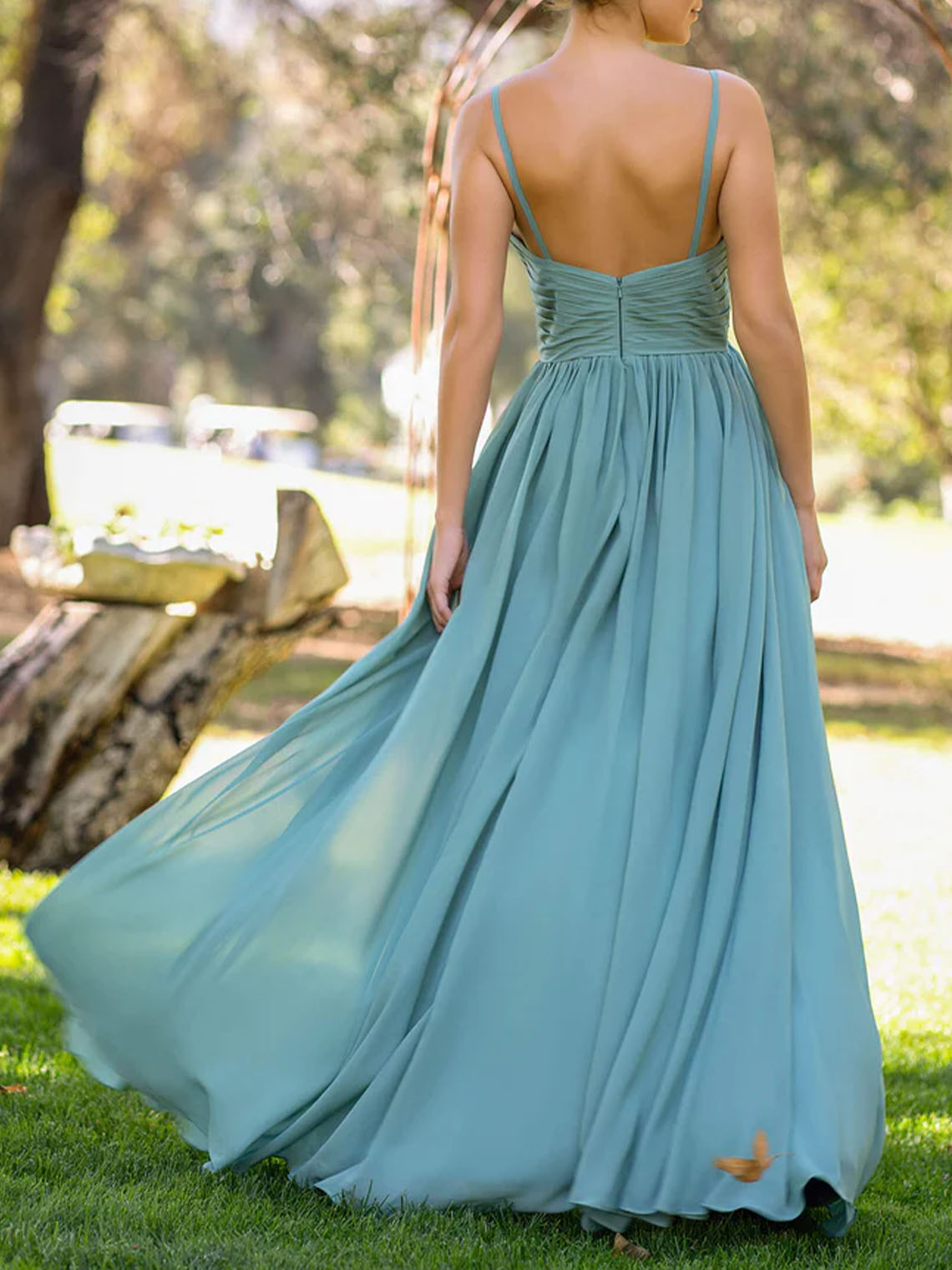 V neck Dusty Blue Chiffon Spaghetti With Slit Front Bridesmaid Dress