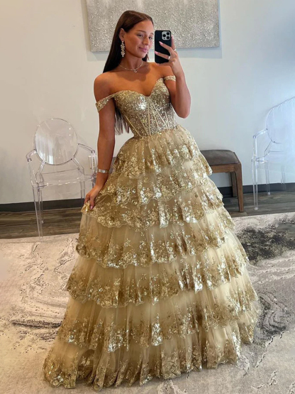 Dress A-line Off the Shoulder Sequined Lace Multi-Tiered Ruffles Prom Dress