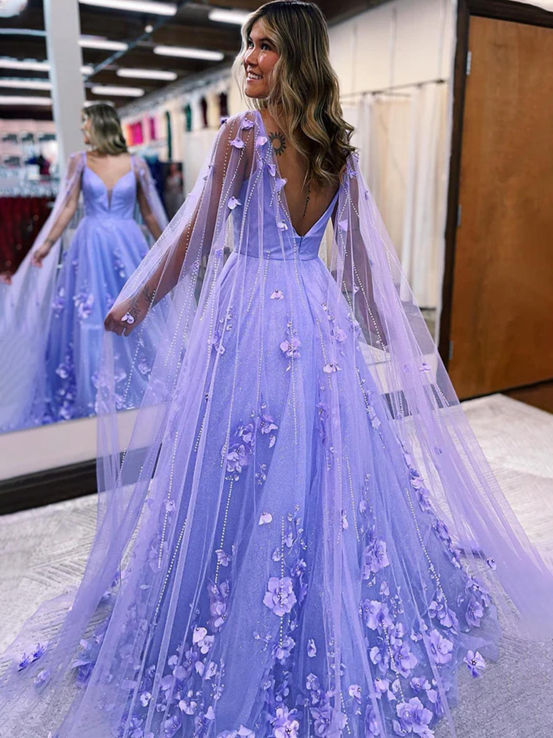 A-Line Tulle and 3D Floral Lace  with Cape Sleeves Prom Dress