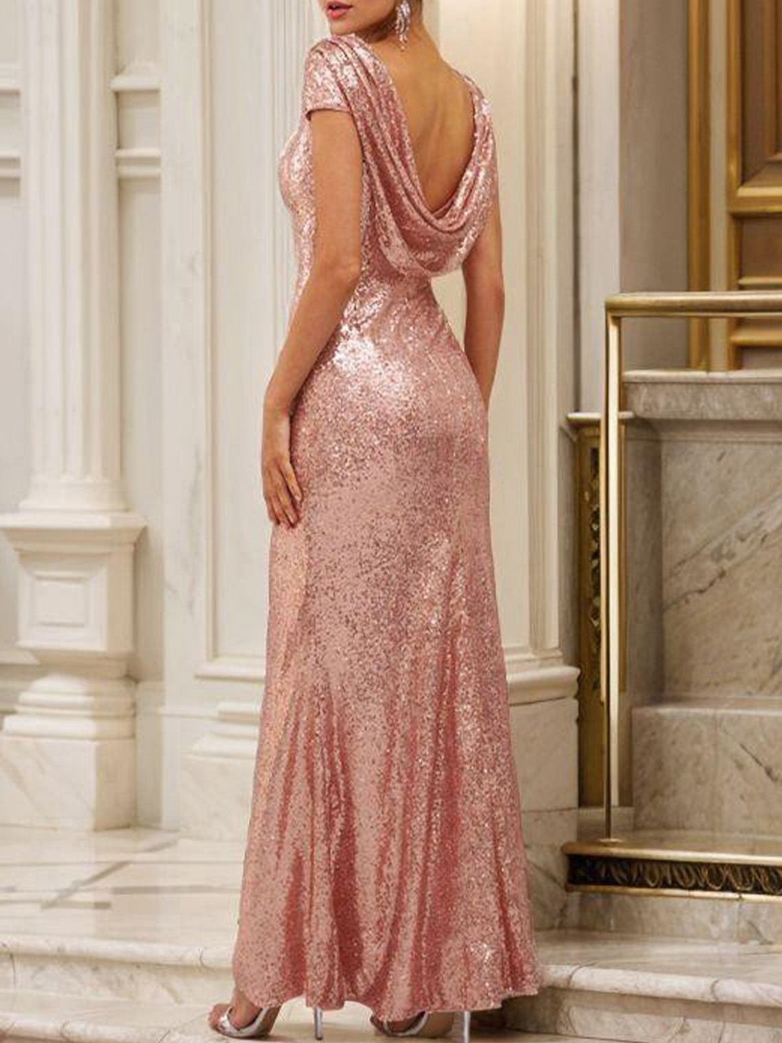 Sheath Sequins Scoop Neck Short Sleeves Long Bridesmaid Dresses