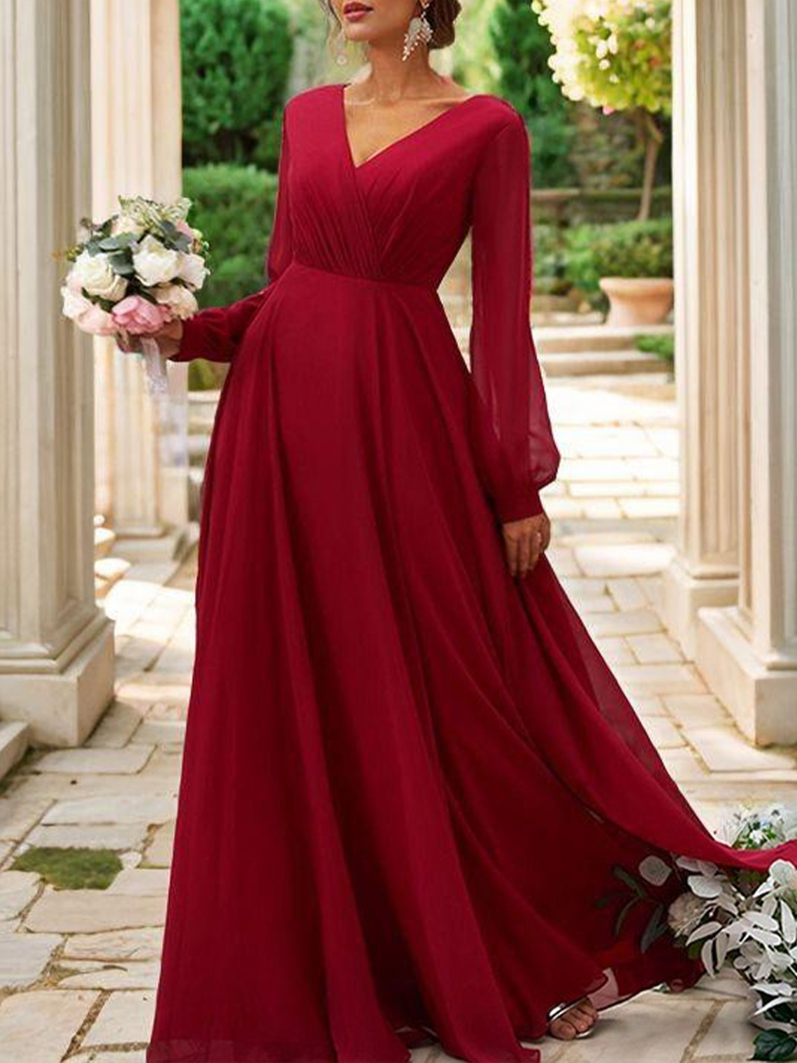 A Line Chiffon V Neck Long Sleeves Floor Length Bridesmaid Dresses