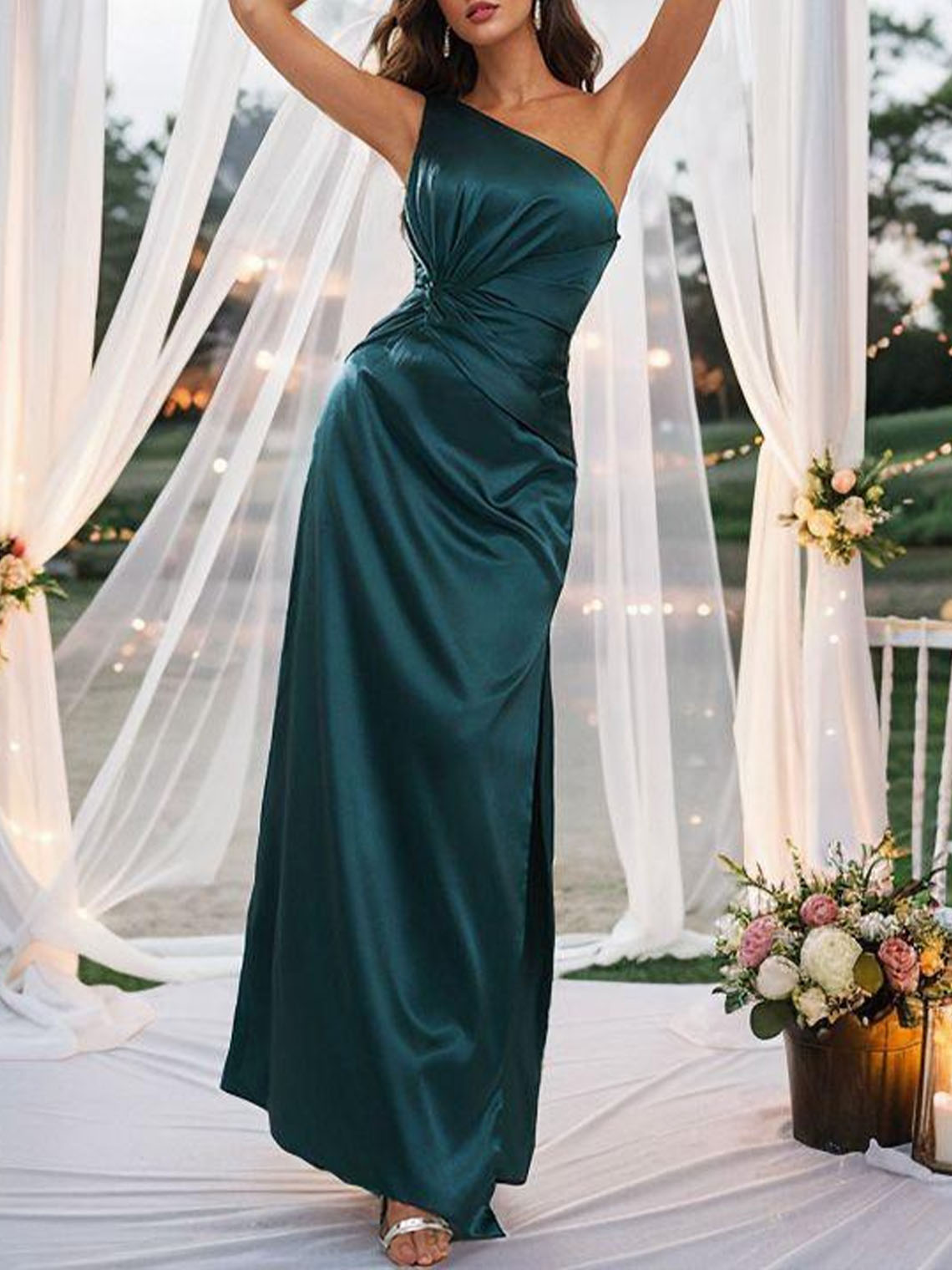 Sheath One Shoulder Floor Length With Split Long Bridesmaid Dress