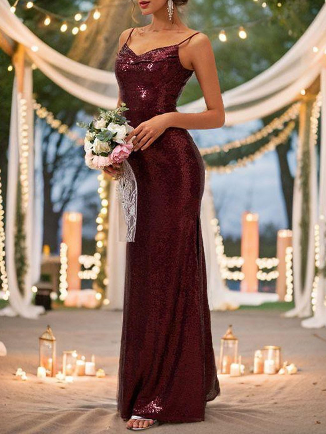 Sheath Sequins Sleeveless Floor Length With Side Fork Bridesmaid Dress