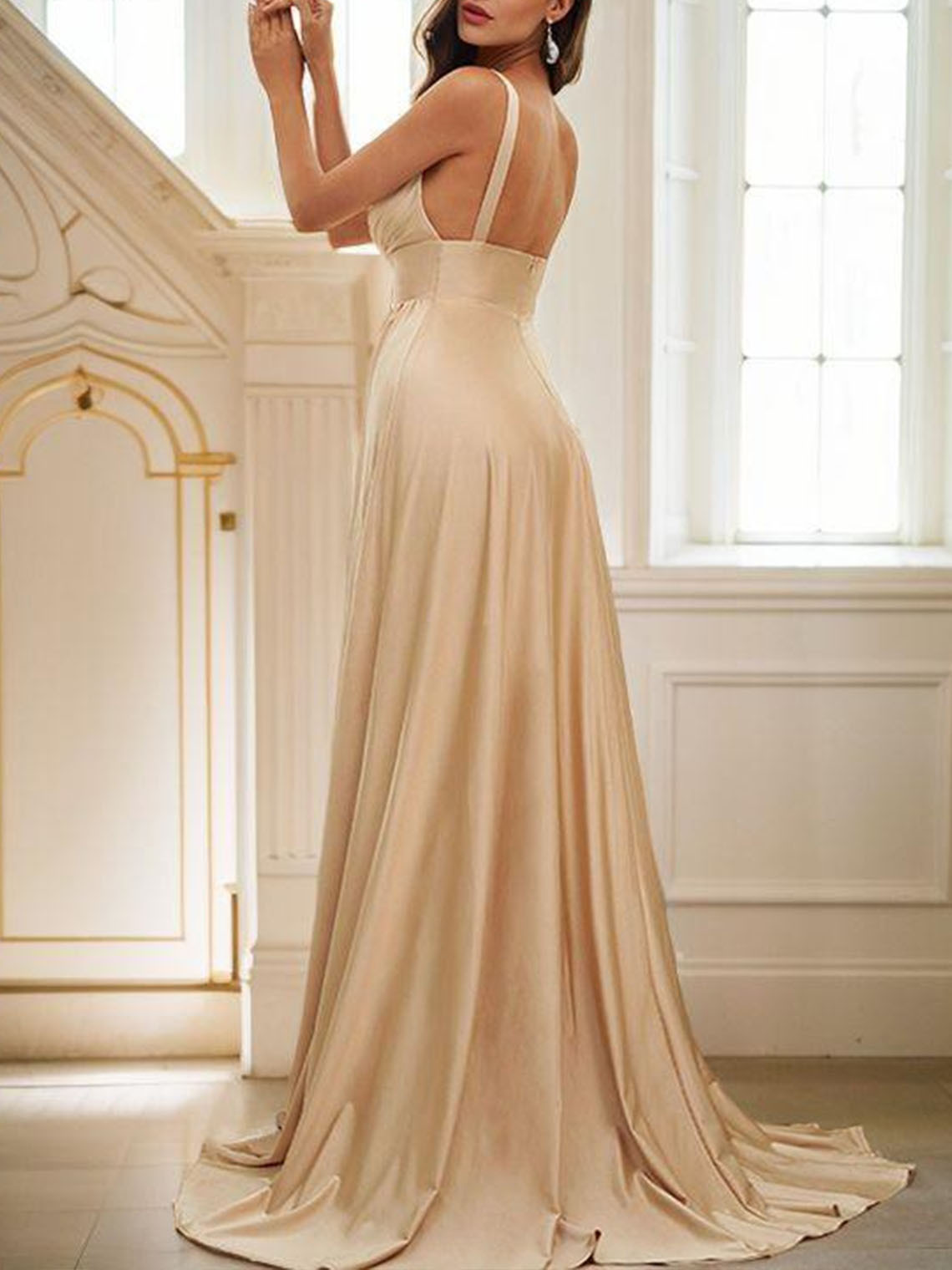 A Line Silk Satin V Neck Sleeveless Sweep Train Bridesmaid Dresses