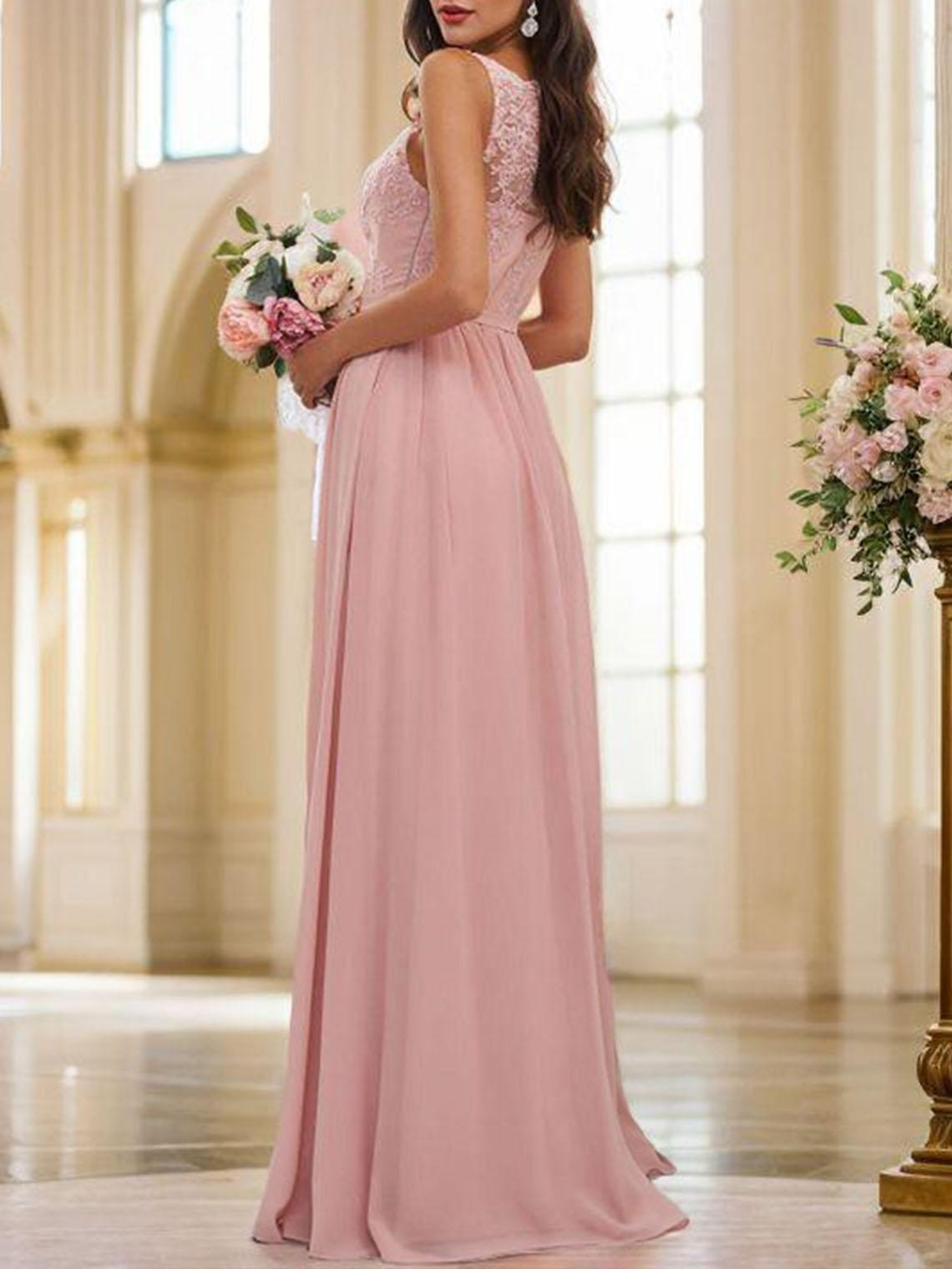 A Line Pink Chiffon Square Sleeveless Floor Length Bridesmaid Dress