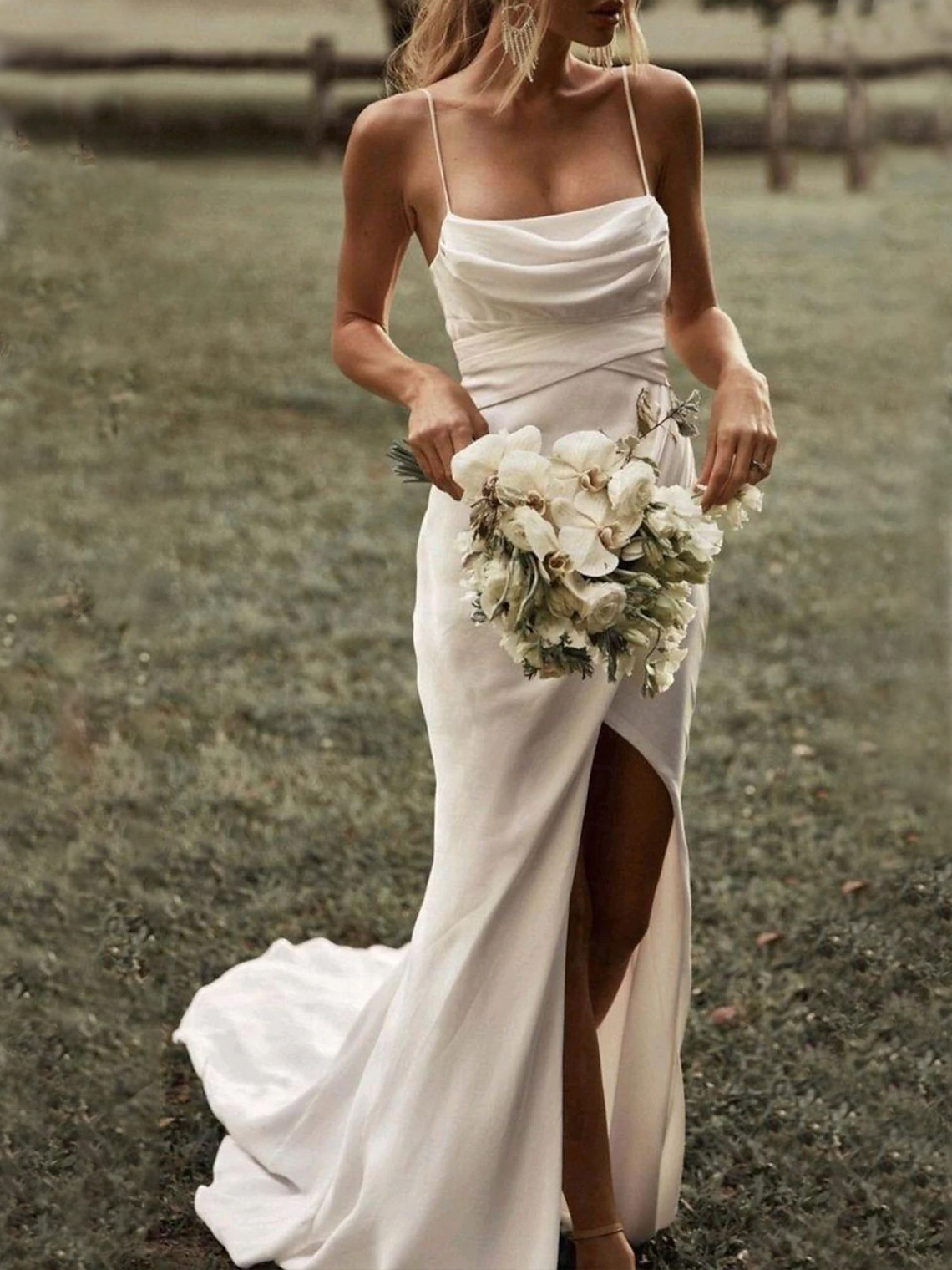 Sheath Square Neck Spaghetti With Ruched Split Simple Wedding Dresses