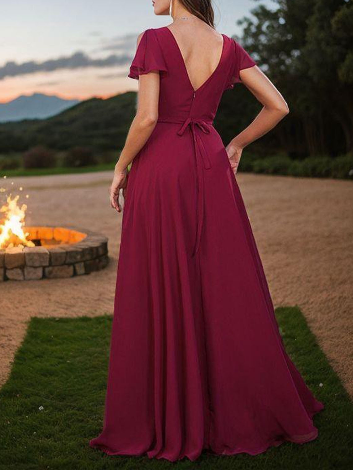 A Line Chiffon V Neck Floor Length With Split Bridesmaid Dresses