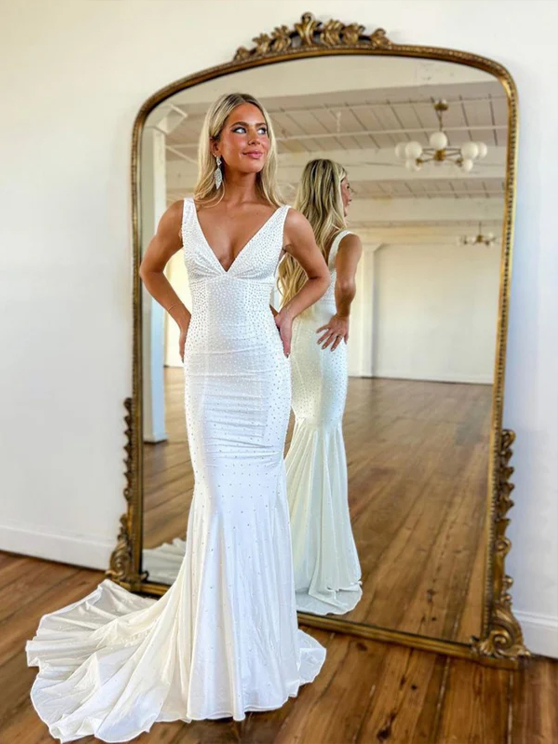 Mermaid Satin Deep V-Neck Floor length Beaded Long Prom Dress