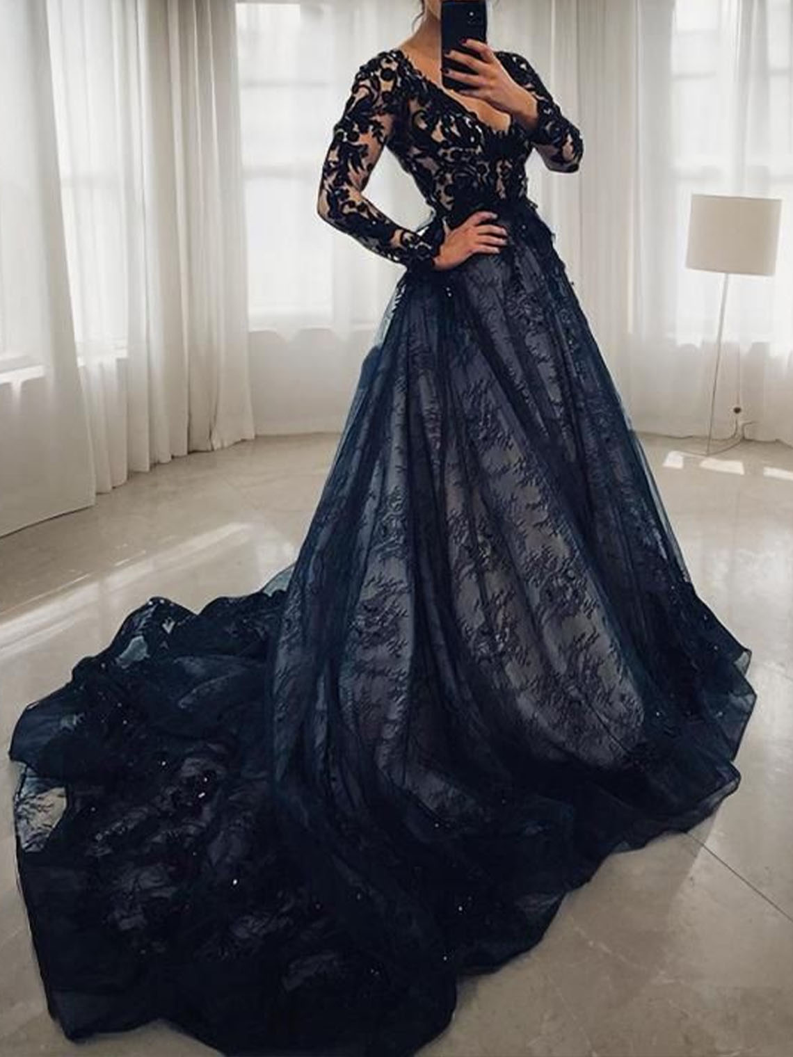 A Line Black Lace V Neck Court Train  With Appliques Wedding Dresses