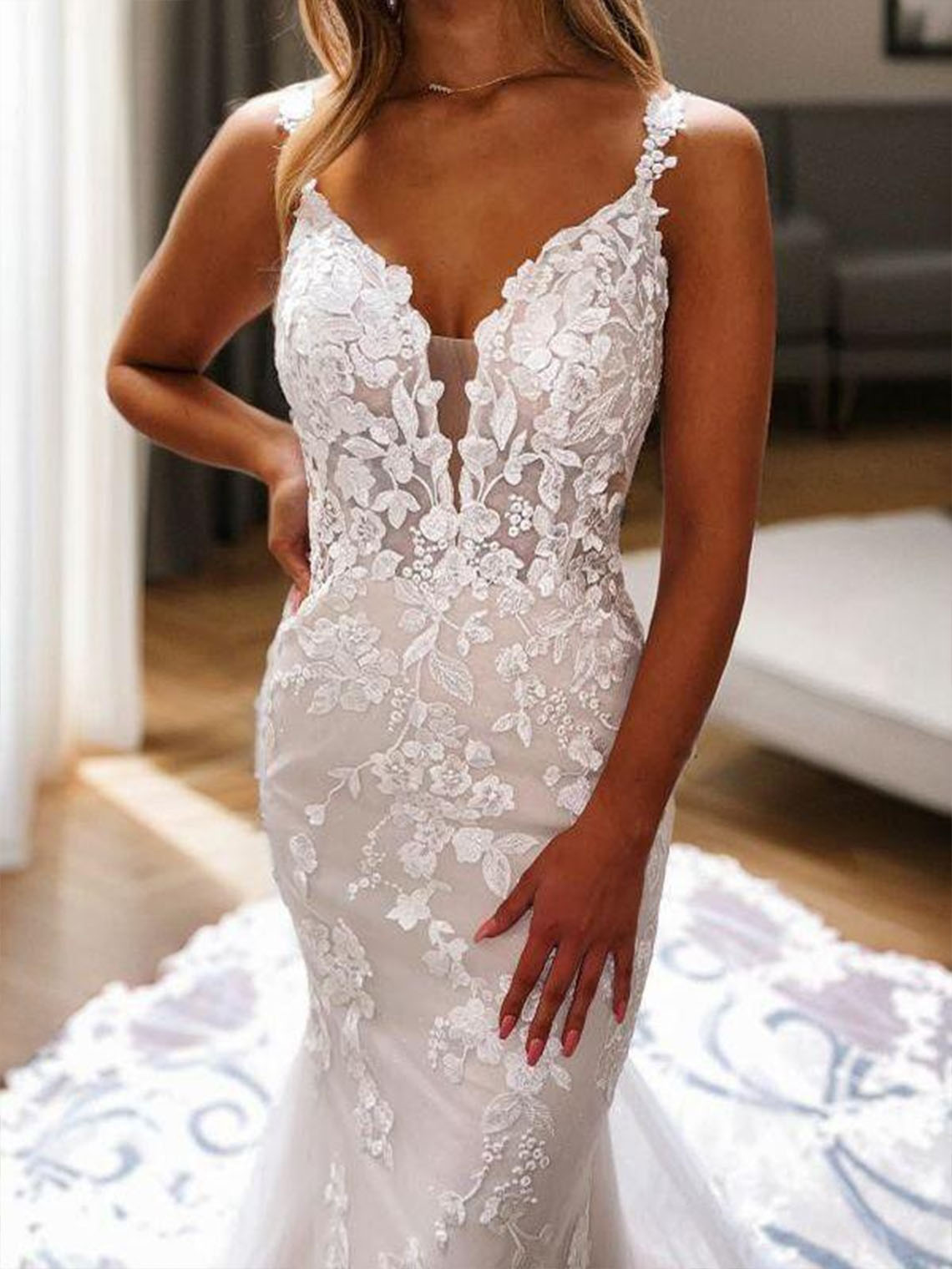 Mermaid Tulle V Neck Cathedral Train with Appliques Wedding Dress