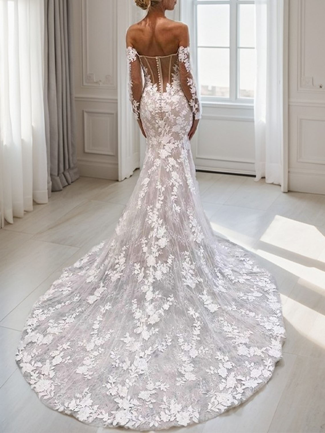 Sheath Off the Shoulder Cathedral Train With Appliques Wedding Dress