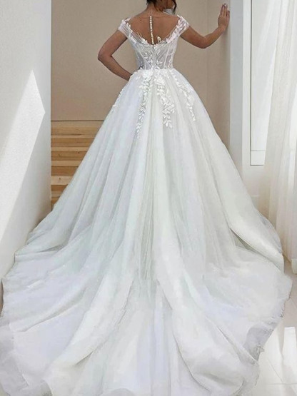 Dresses A line Tulle Scoop Neck Sweep Train With Appliques Wedding Dresseseses