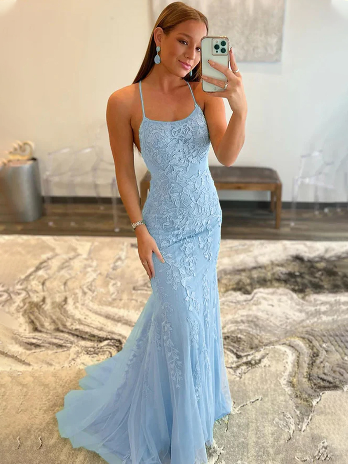 Mermaid Spaghetti Straps Lace Tulle with Appliques Prom Dress