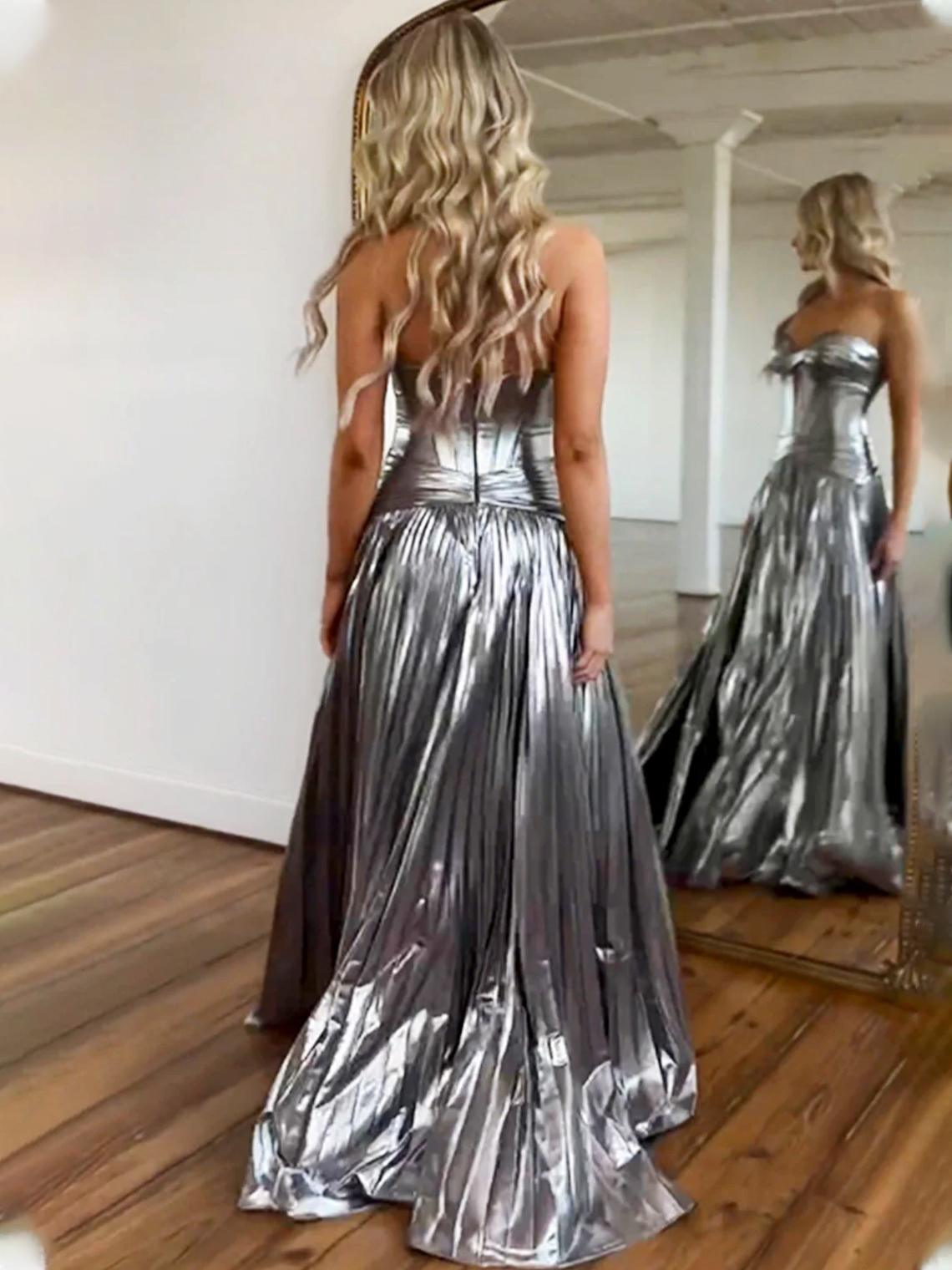  A-Line Sparkly Metallic Silver Sweetheart Long Prom Gown Pleats Slit