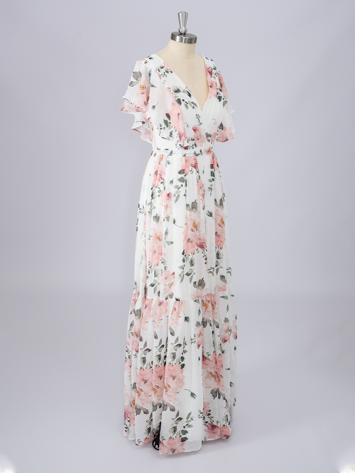 A-Line Pink V Neck Color Dress with floral patterns Evening Dress