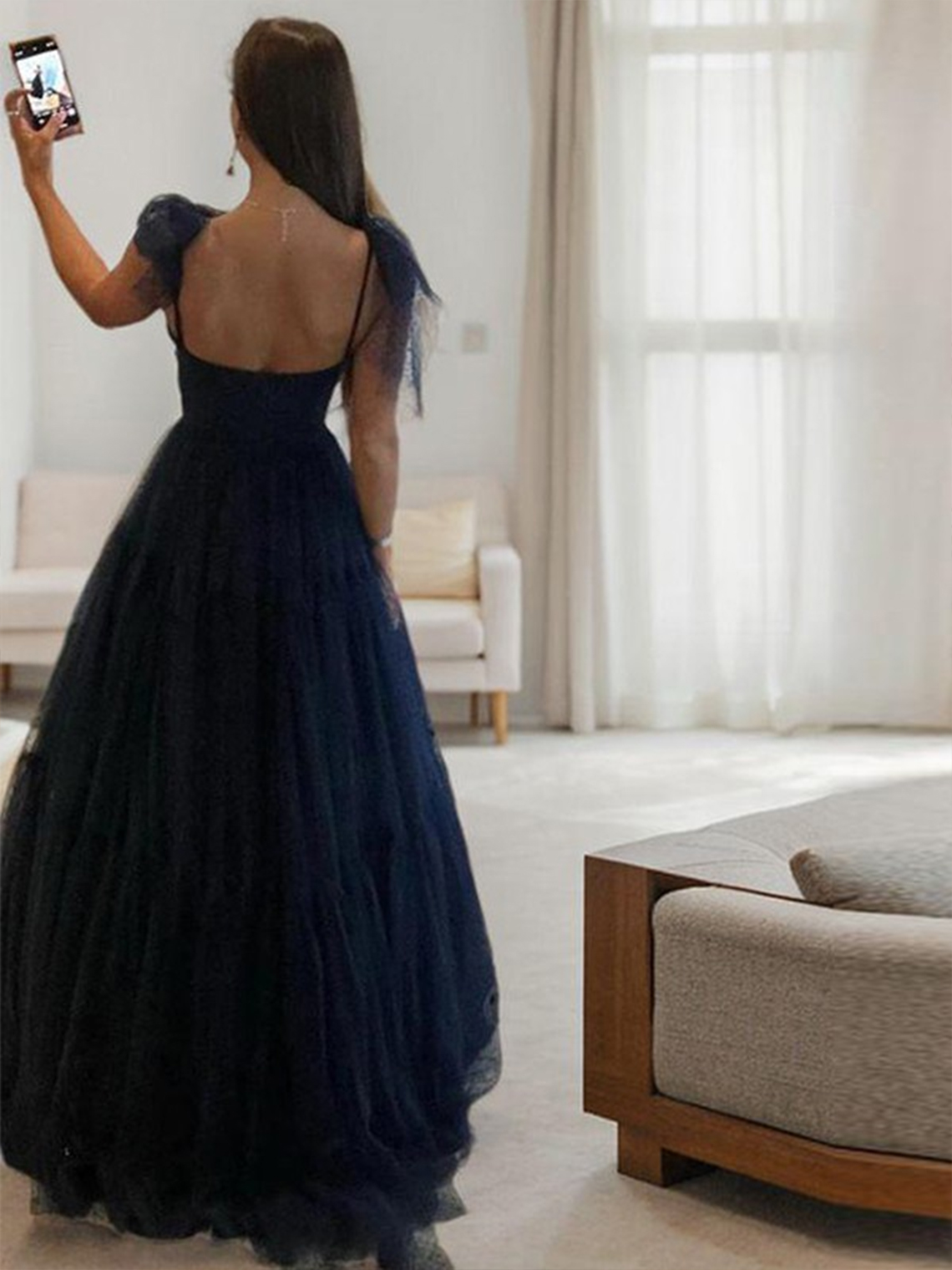 Dark Navy A-line Spaghetti Straps Floor Length Tulle Bow Dress