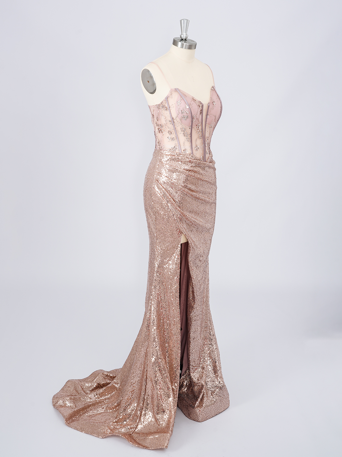Dusty Pink Mermaid Sequins Spaghetti With High Split Prom Dress