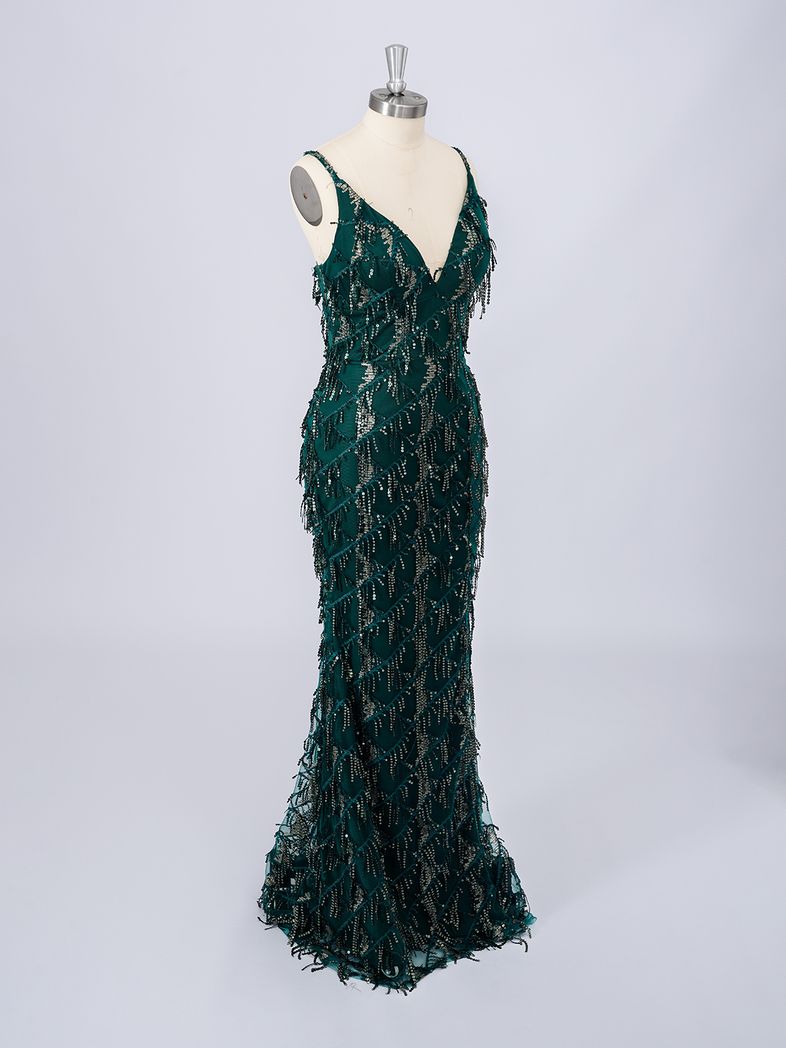 Dark Green Sheath V Neck Sweep/Brush Sequins With Tassel Prom Dress