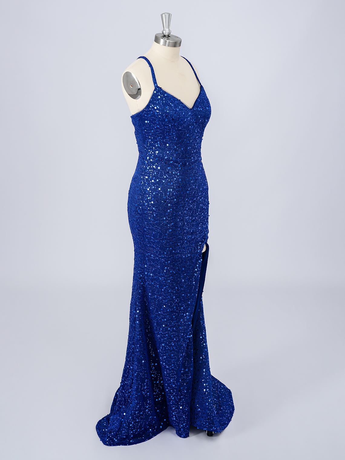 Navy Blue Mermaid Sequins V Neck Sleeveless With Slit Long Prom Dress 