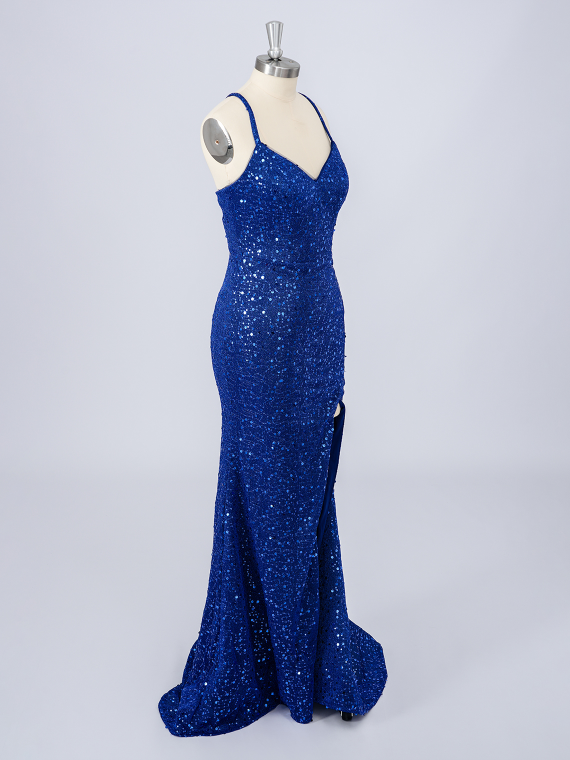 Navy Blue Mermaid Sequins V Neck Sleeveless With Slit Long Prom Dress 