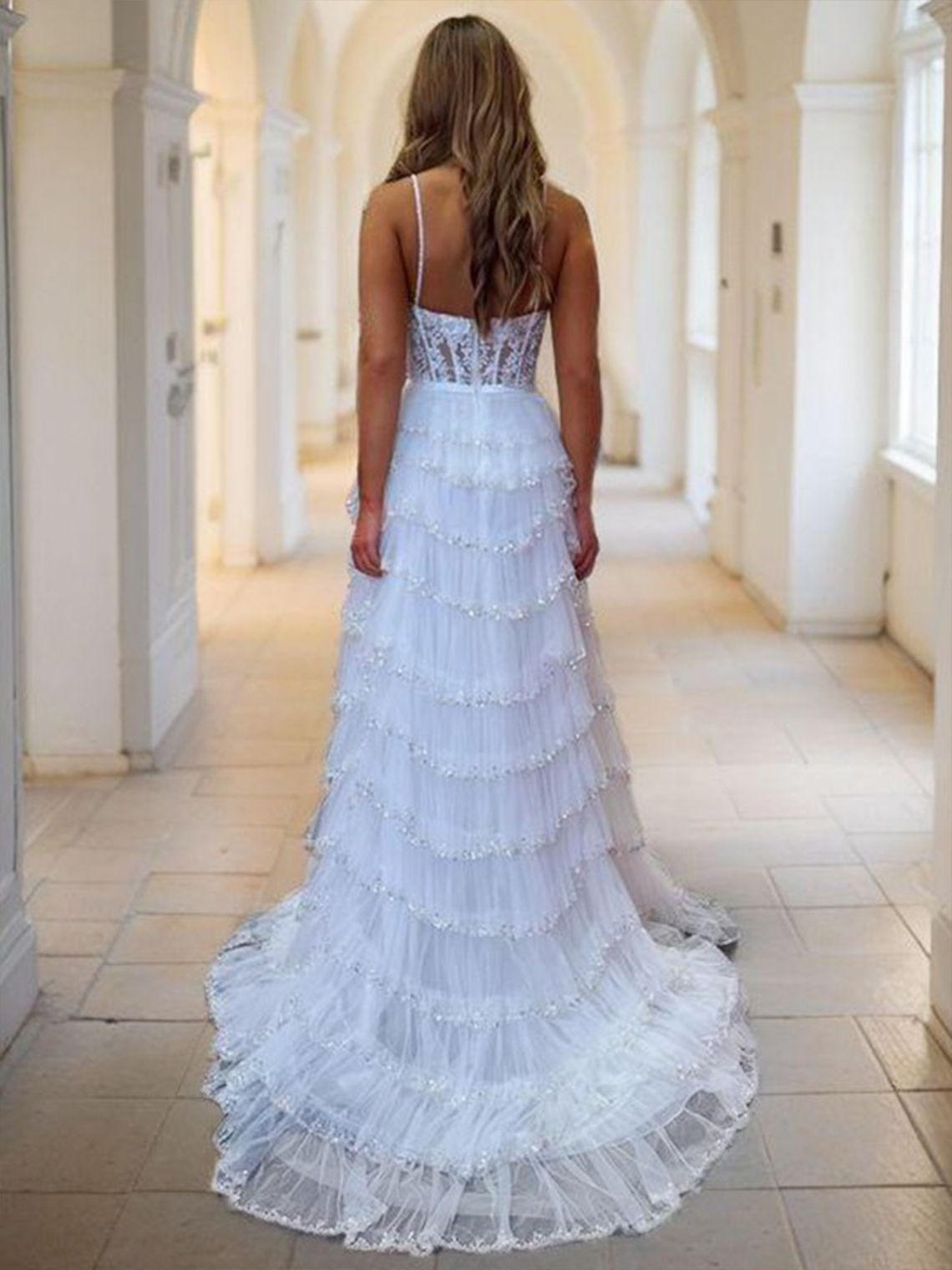 A-line Tulle Lace Sweetheart Sweep Train Appliques Corset Prom Dress