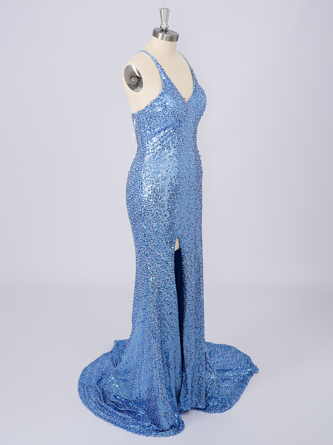 Sparkle Blue Mermaid Sequins V Neckline With Slit Long 