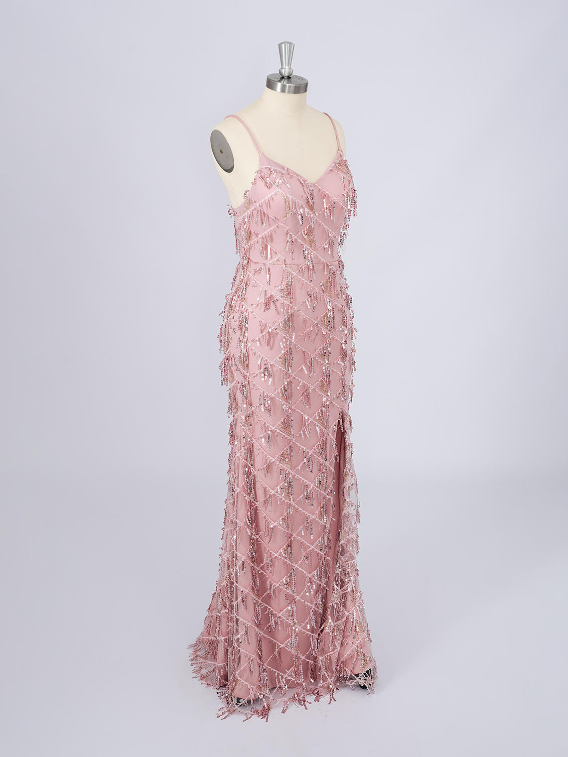 Sparkle Dusty Rose Sequins V Neckline With Tassel Long Prom Dress