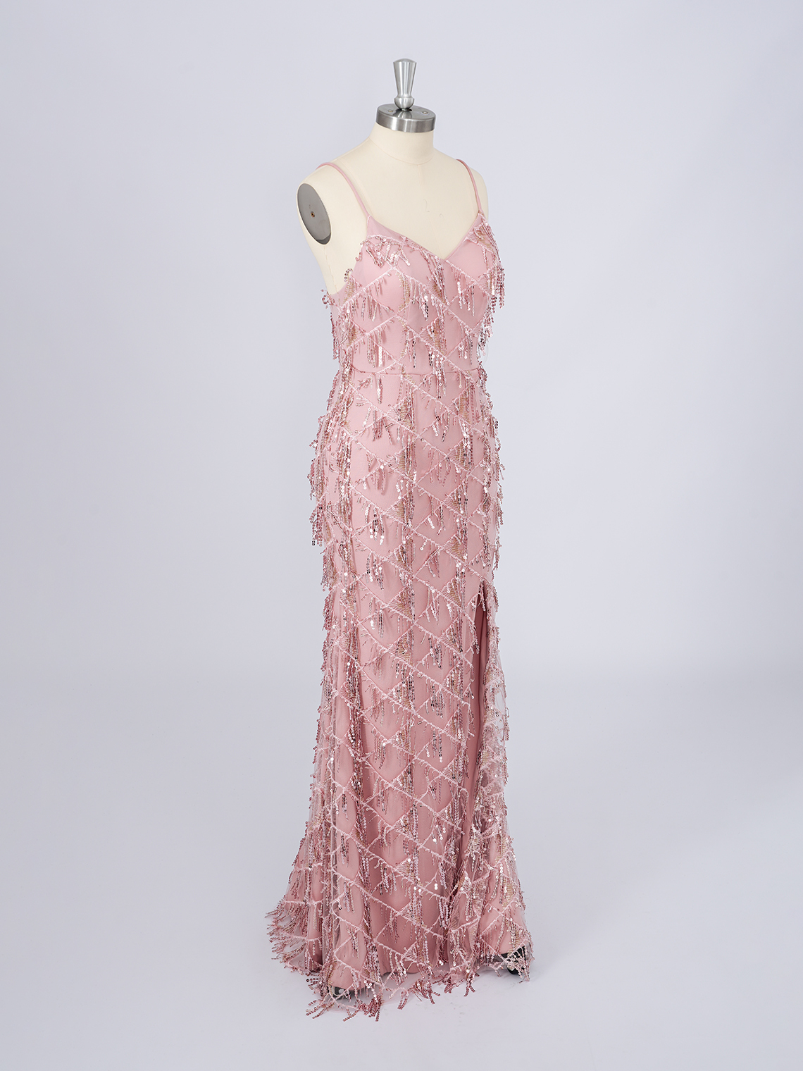 Sparkle Dusty Rose Sequins V Neckline With Tassel Long Prom Dress