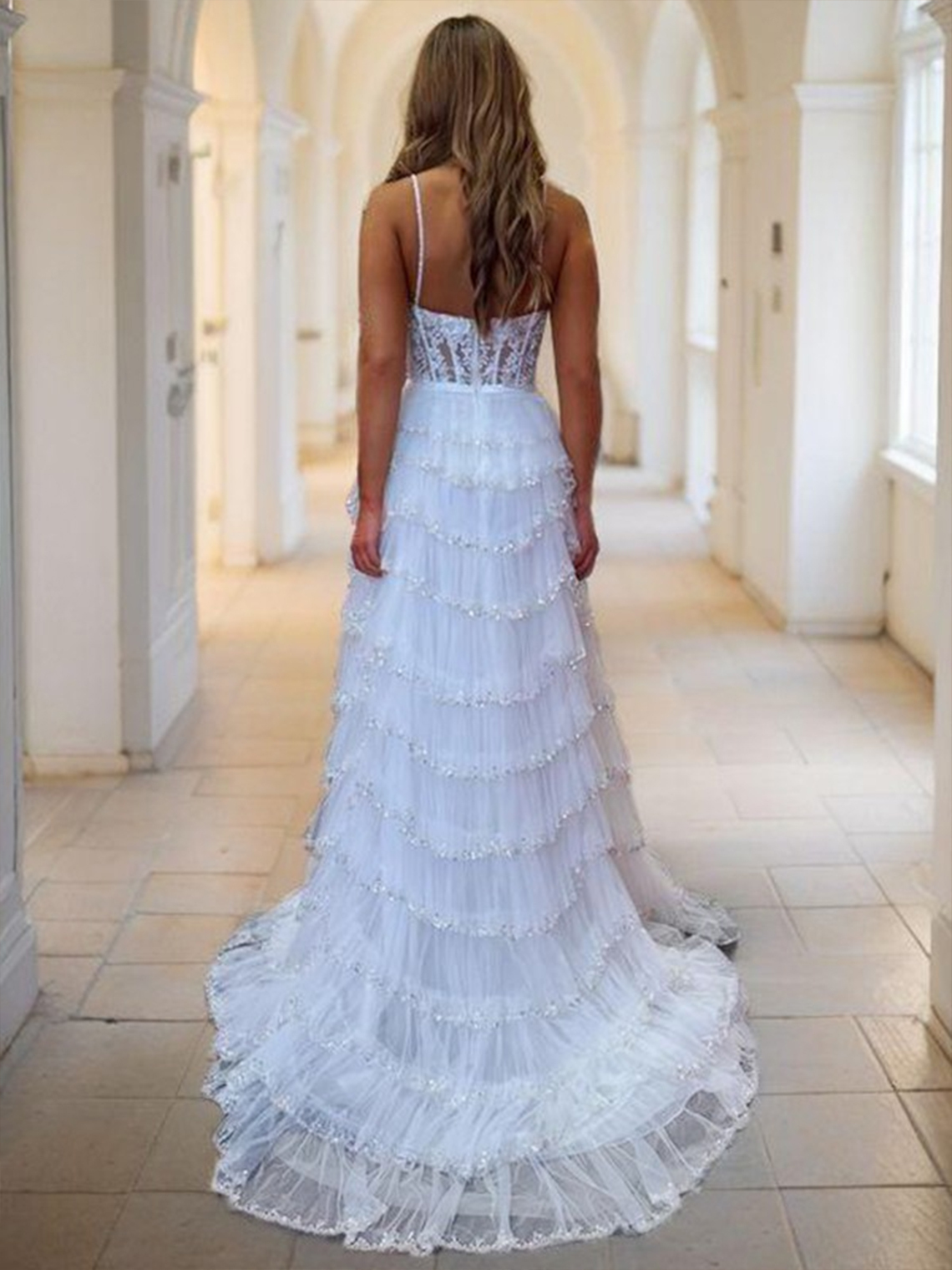 A-line Tulle Lace Sweetheart Sweep Train Appliques Corset Prom Dress