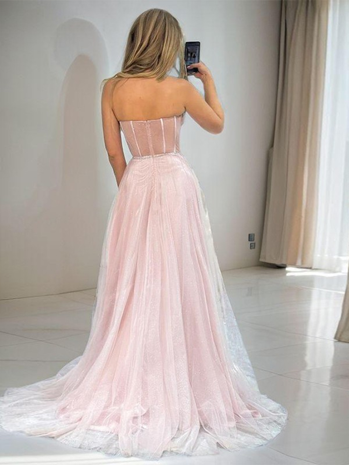 A-line Tulle Sweetheart Beading Sweep Train High Split Corset Dress